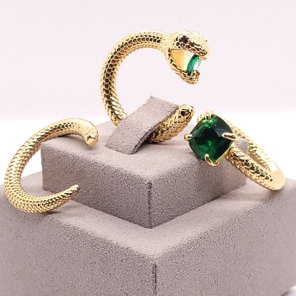 3 Gold Tone Size 8 Snake Serpent Statement Rings Green Crystal Lot